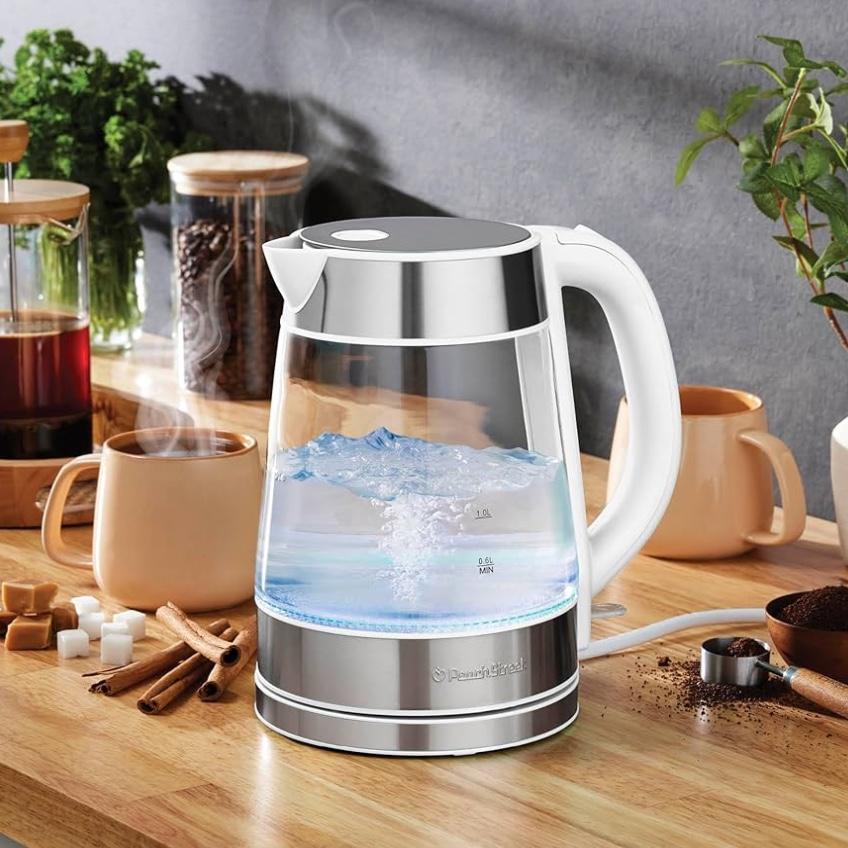 Speed-Boil Water Electric Kettle, 1.7L 1500W, Coffee & Tea Kettle Borosilicate Glass, Water Boiler, Auto Shut-Off, Cool Touch Handle, Base Detachable, LED. 360° Rotation, Boil Dry Protection (White)