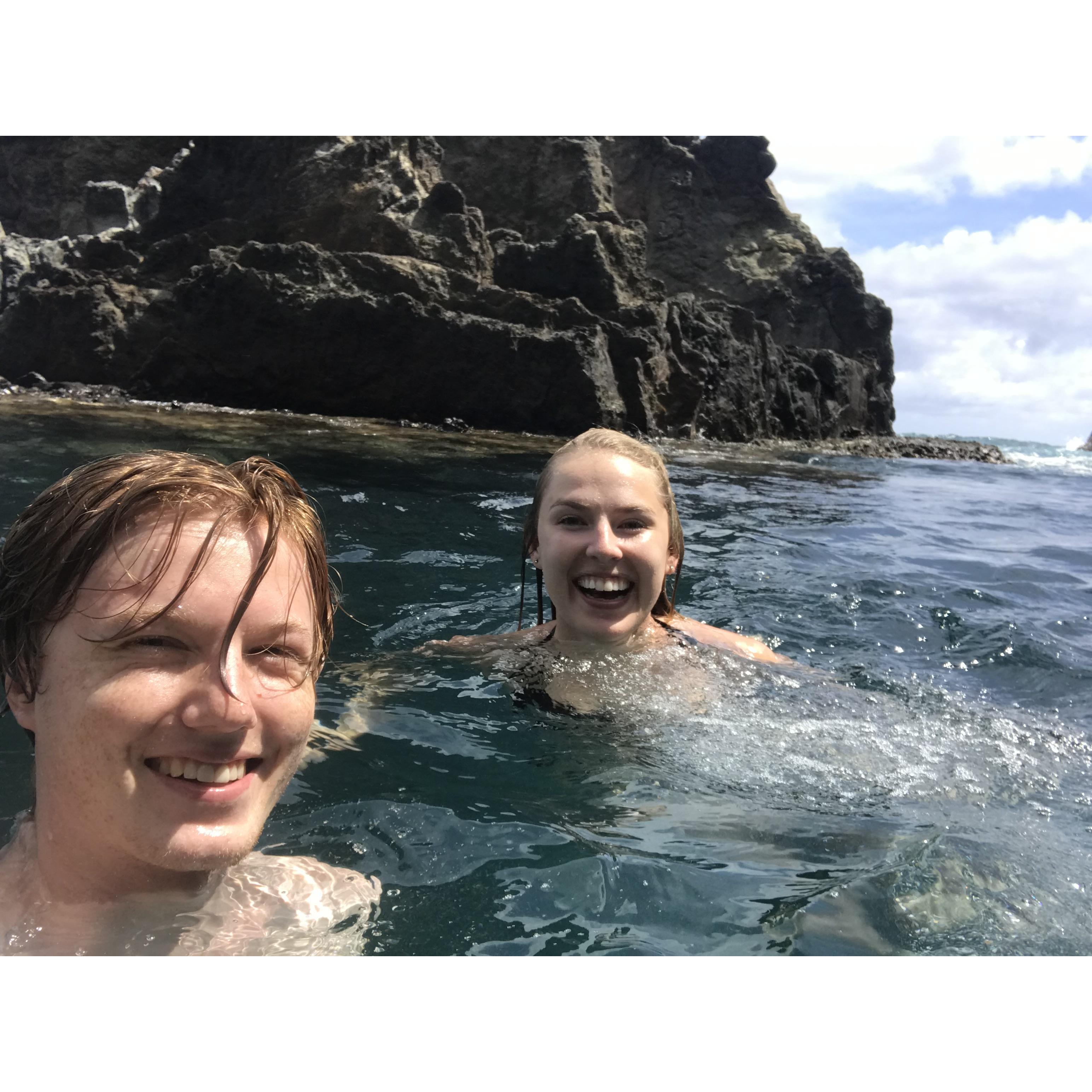 Cliff diving at the Mokes Islands in Oahu. We had to ocean kayak to get to this great spot.