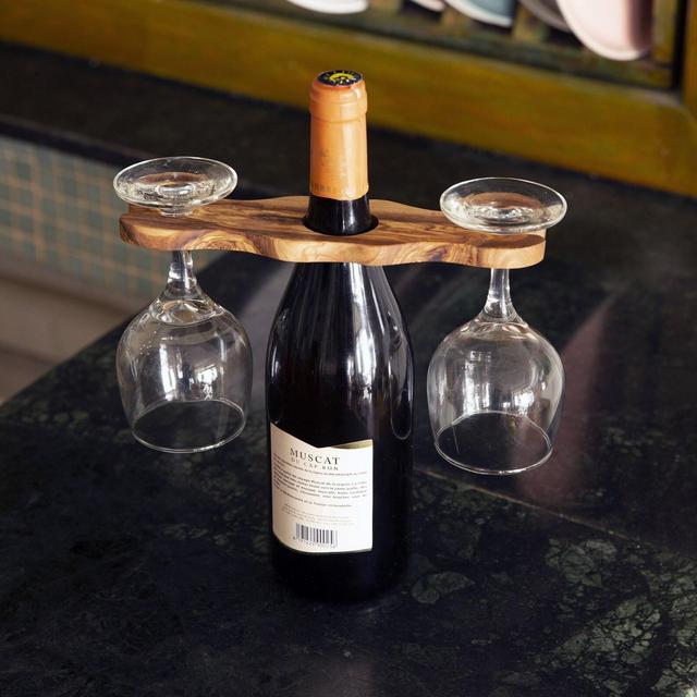 Olive Wood Bow Shaped Wine Bottle and Wine Glass Holder
