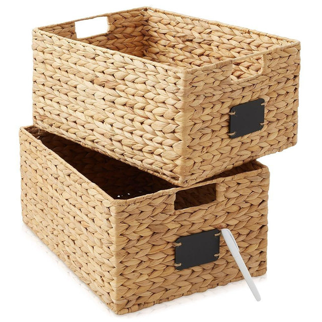 Casafield Set of 2 Water Hyacinth Pantry Baskets, 12-1/2" x 17" x 8", with Chalkboard Labels and Chalk Marker - Espresso, Woven Storage Bin Organizers for Kitchen Shelves