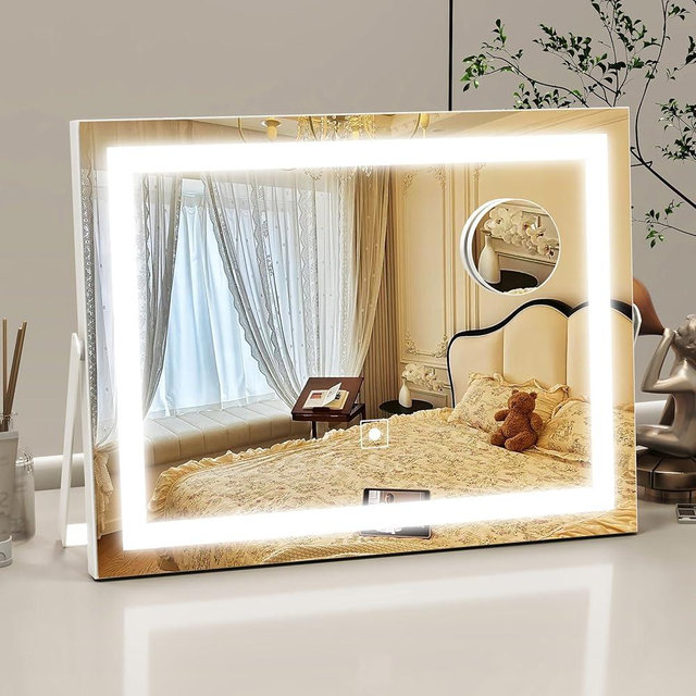 ROLOVE Vanity Mirror with Lights, 14" x 11" LED Makeup Mirror, 3 Modes Light, Smart Touch Control Dimmable, 10X Magnification, 360°Rotation, Square Corner Rectangle, White