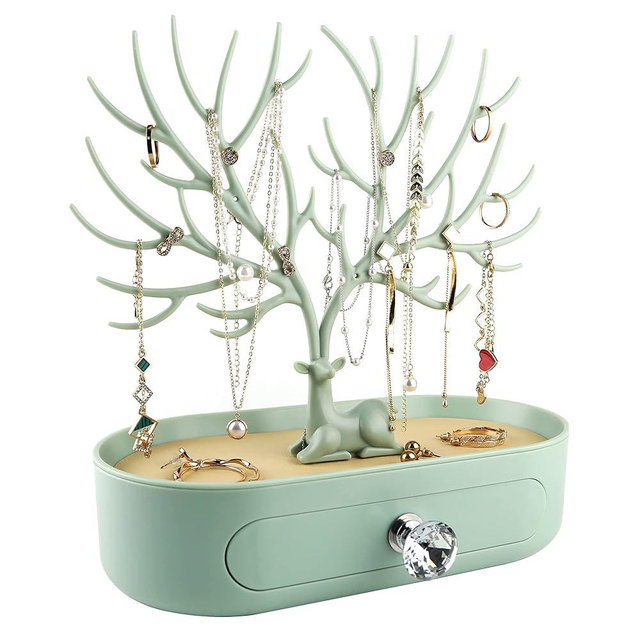 MORE&LESS Antlers Jewelry Display Stand with Drawer and Crystal Handle, Tree Tower Rack Hanging Organizer for Ring Earrings Necklace Bracelet