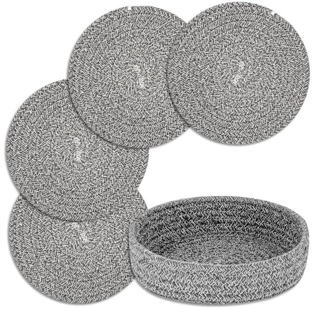 Trivets for Hot Dishes, Trivets for Hot Pots and Pans, Cotton Coasters 4 Pcs and Storage Basket 1 Pack, Pot Holders for Kitchen, Hot Pads for Table, Hot Mats Protect Countertops (Grey 4 Pcs)