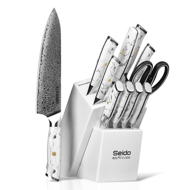 Takoizu 12-Piece VG-10 Damascus Steel Knife Block Set with White Acacia Block