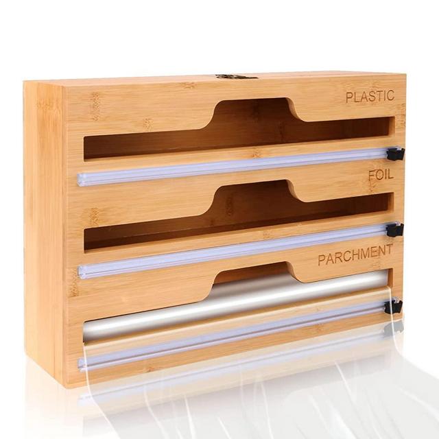Bamboo Plastic Wrap Dispenser with Cutter, 3-in-1 Plastic Wrap, Wax Paper, Aluminum Foil Dispenser Organization and Storage for Kitchen Drawer/Wall Mount, Compatible with 13.8" Roll