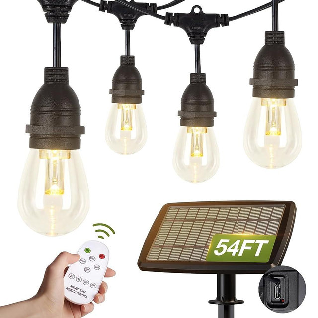 addlon 54FT Solar String Lights Outdoor Waterproof with USB Port & Remote Control Dimmable Solar Patio Lights IP65 Solar Powered Edison LED Bulbs for Outside Bistro Camping