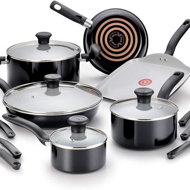 T-fal C921SG Initiatives Nonstick Ceramic Coating PTFE PFOA and Cadmium Free Scratch Resistant Dishwasher Safe Oven Safe Cookware Set, 16-Piece, Black -