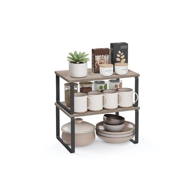 SONGMICS Cabinet Organizer Shelf, Set of 2 Kitchen Counter Shelves, Kitchen Storage, Spice Rack, Stackable, Expandable, Ink Black and Heather Greige