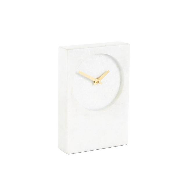 Deco 79 Marble Minimalistic Rectangular Clock with Recessed Numberless Clockface, 6" x 2" x 9", White