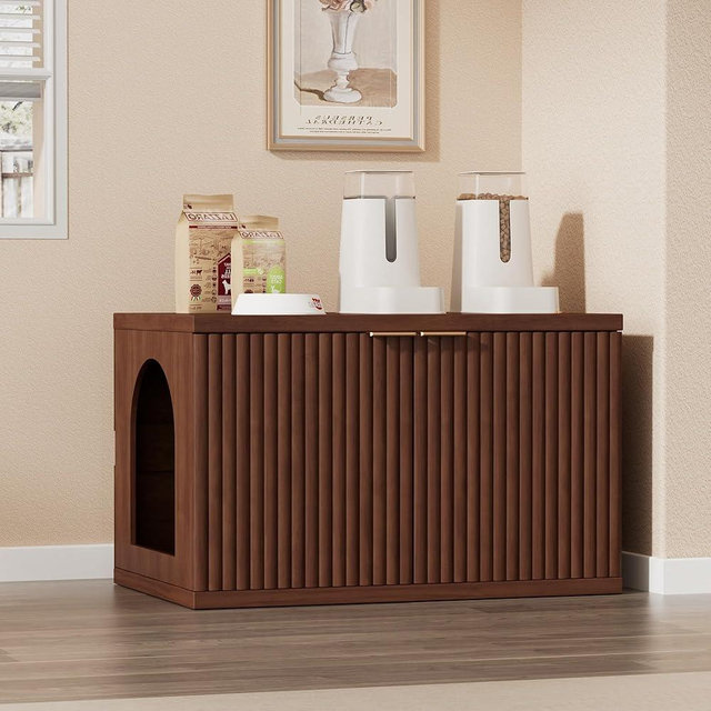 Homhedy Cat Litter Box Enclosure, Modern Fluted Accent Cat Washroom Furniture, Pet House, Fit Most of Litter Box, Reddish Brown
