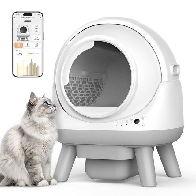 Self Cleaning Litter Box for Multiple Cats, G1 Automatic Litter Box with Smart APP Control & Health Monitoring, Includes 2 Roll Trash Bags and Litter Mat (White-Grey)