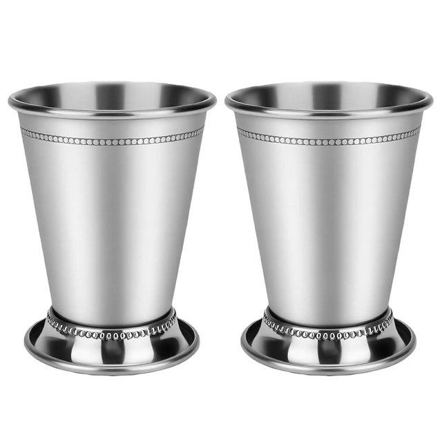 Set of 2 Mint Julep Cups, 12 Oz Stainless Steel Mint Julep Cup, Silver Metal Cocktail Glasses with Beaded Trim Border, Suitable For Party Beer Juice Beverage Bar Home Restaurant, Vase decoration