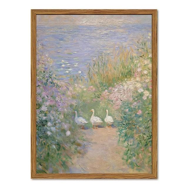 Framed Vintage Geese Canvas Wall Art, Cottagecore Monet Floral Landscape Wall Decor Paintings, French Country Farmhouse Animal Pictures Prints Rustic Home Decor for Living Room Bedroom 12x16 inch