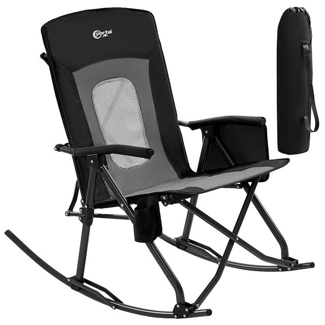 PORTAL Oversized Folding Rocking Camping Chair Portable Outdoor Rocker with High Back Hard Armrests Carry Bag, Supports 400 lbs, Mesh Back, Black & Grey