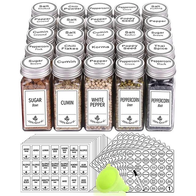 SWOMMOLY 25 Glass Spice Jars with 806 White Spice Labels, Chalk Marker and Funnel Complete Set. Square Bottles 4 oz Empty Spice Containers, Airtight Cap, Pour/sift Shaker Lid, Square and Round Labels