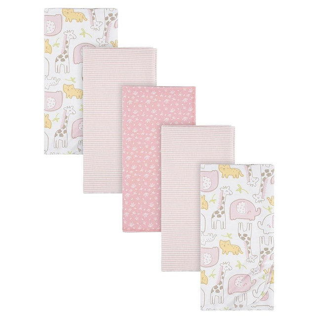Gerber Girls Newborn Infant Baby Toddler Nursery 100% Cotton Flannel Receiving Swaddle Blanket, Pink Safari, Pack of 5