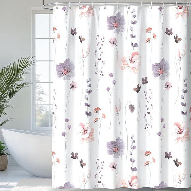 QIYI Watercolor Floral Shower Curtain, Flowers Print Minimalist Bathroom Curtain, Machine Washable Spring Modern Shower Curtains, Waterproof Fabric Shower Curtain Set with Hooks, 72 x 72, Dusky Purple