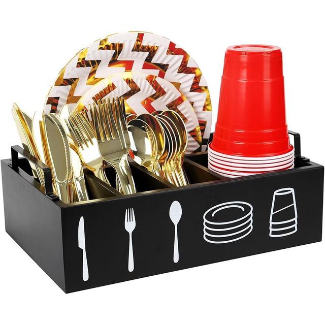 Paper Plate Dispenser Under Cabinet for Kitchen Countertop, Wood Paper Plate Holders, Disposable Dinner Plates Plasticware Organizer with Large Cup Holder & Caddy for Kitchen,Picnic,Party,BBQ - Black