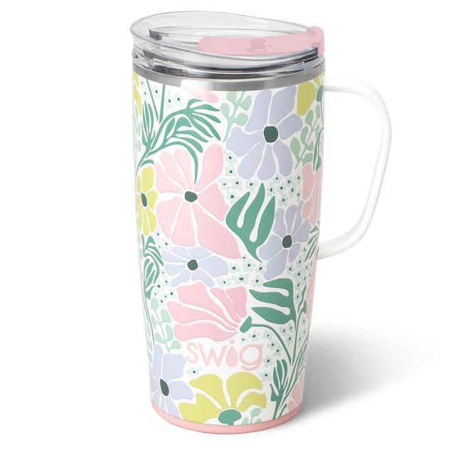 Swig Life 22oz Travel Mug, Insulated Tumbler with Handle and Lid, Cup Holder Friendly, Dishwasher Safe, Stainless Steel, Travel Coffee Cup, Insulated Mug with Lid (Garden Party)