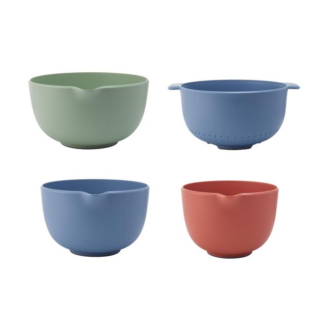 Beautiful Mixing Bowls and Colander Set Sage, Cinnamon and Blue Icing