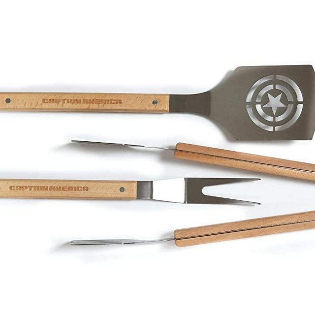 Marvel’s Captain America 3-Piece Outdoor BBQ Grill Utensil Set - Includes Stainless Steel Spatula, Fork & Tongs With 17" Sturdy Wooden Handles - Perfect Barbecue Accessory - Portable Grilling Tools