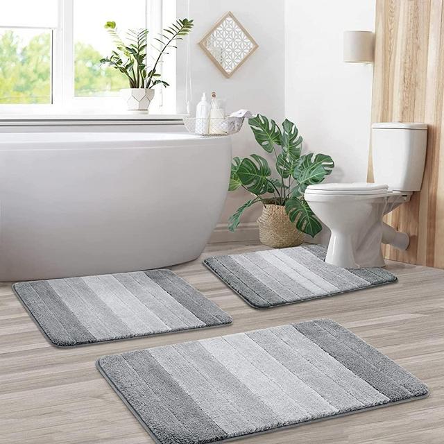 KMSON 3 Pcs Ombre Bath Rug Set Bathroom Rugs with U-Shaped Contour Toilet Mat, Non Slip Ultra Soft and Water Absorbent Bath Carpet, Machine Washable Quick Drying Bedroom Floor Mat Living Room Rug Grey