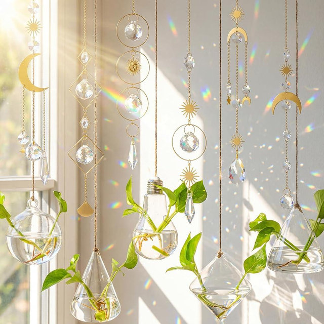 Mumufy 11 Pcs Crystals Suncatcher and Hanging Glass Planter Terrariums Set Geometric Wall Vases Moon Star Crystals Prism Hanging Decor for Windows Home Wedding Decoration