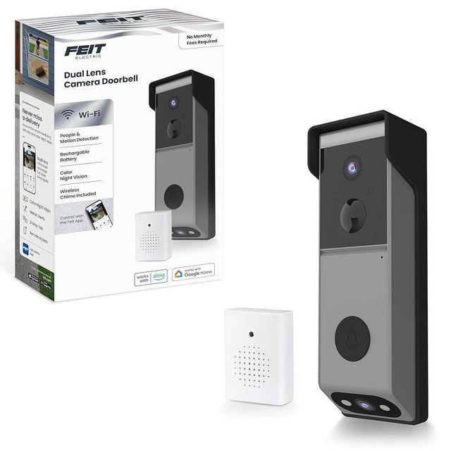 Feit Electric Smart Wireless Doorbell w/Dual-Lens 1080p HD Camera, 24/7 Local Recording, Night Vision, Voice Assistant, AI Detection for People & Packages, Includes Wireless Chime, CAM2/DOOR/WIFI/BAT