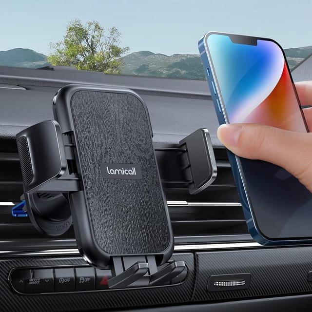Lamicall 2024 Wider Clamp & Metal Hook Car Phone Holder Vent [Thick Cases Friendly] Phone Holder Car Hands Free Cradle Air Vent for Smartphone (Wood Grain)