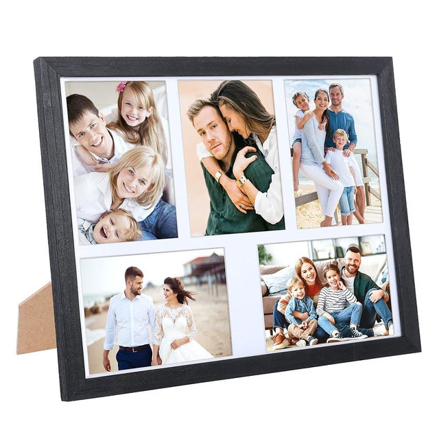 Fikomash Collage Picture Frames Wall Decor with 5 Openings 5x7 Rustic Photo Collage Frame Farmhouse Wood Grain Multi Picture Frame for Wall Mounting Tabletop Display Black