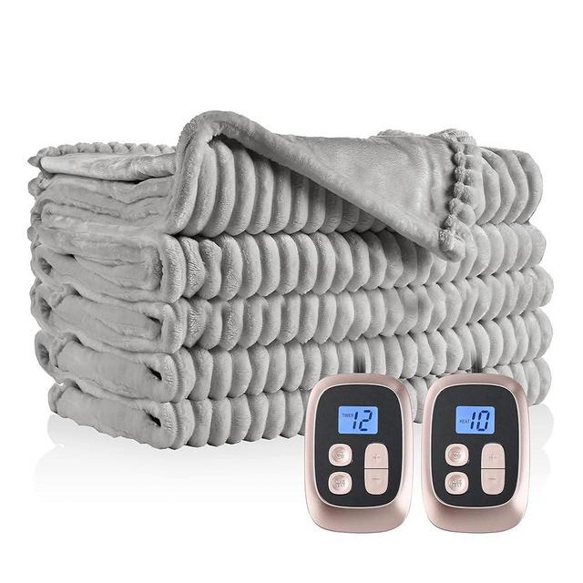 DUODUO Electric Heated Blanket Queen Size 84"x90" with Dual Controls, Reversible Cozy Silky Flannel Fabric with Ribs, Fast Heating with 10 Heating Levels 12 Hours Auto-Off for Bedding -Grey