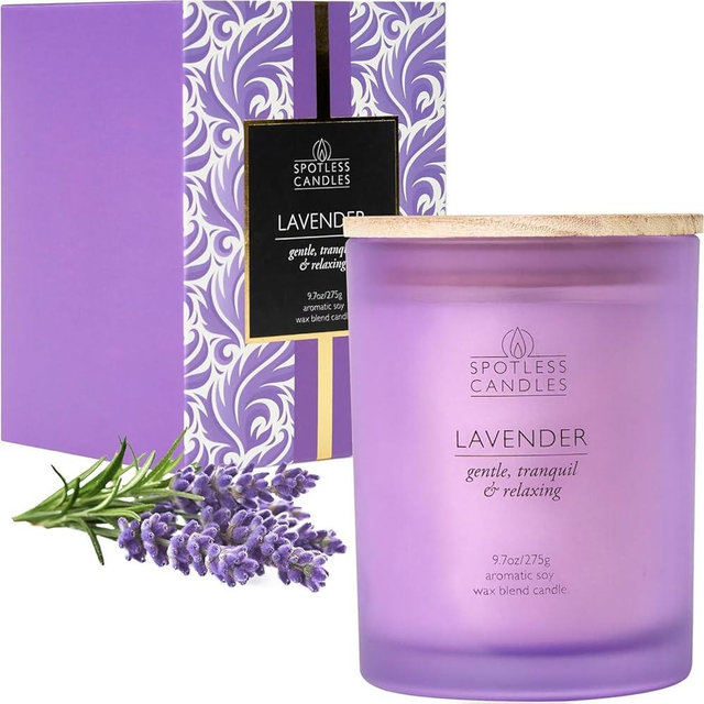 Lavender Candle - 9.7 oz /275g Lavender Scented Candle in Purple Glass Jar with Wooden Lid and Wooden Crackling Wick in a Luxurious Gift Box - Gentle, Tranquil and Relaxing