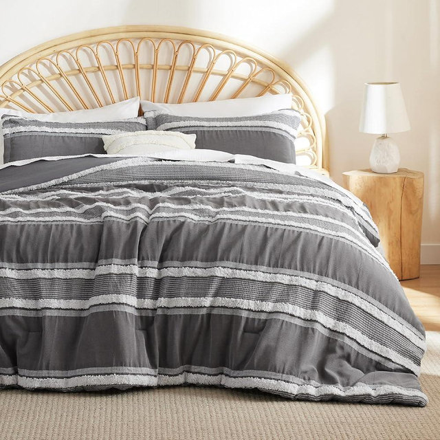 Bedsure Boho Comforter Set Queen - Dark Grey Jacquard Bedding Comforter Set, 3 Pieces Farmhouse Shabby Chic Embroidery Bed Set, Soft Fluffy Tufted Striped Comforter for All Seasons
