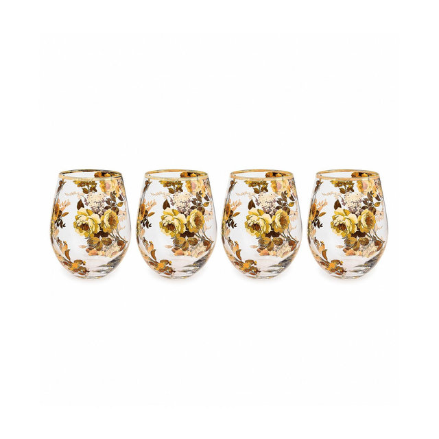 MacKenzie-Childs Wild Rose Stemless Wine Glasses, Set of 4