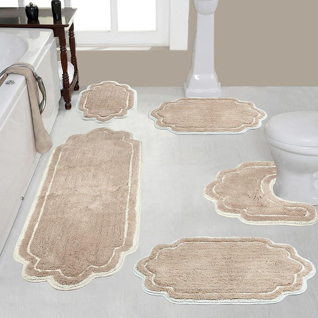 Home Weavers Allure Collection 100% Cotton Tufted Bathroom Rug, Soft and Absorbent Bath Rugs, Non-Slip Bath Carpet, Machine Wash Dry Bath Mats for Bathroom Floor, 5 Piece Set with Contour, Linen