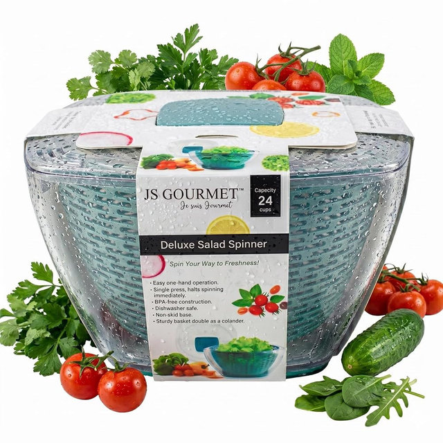 JS Gourmet Salad Spinner – 5.68L (24 Cup), BPA-Free Manual Vegetable Spinner with Strainer Basket, Durable Kitchen Gadget, Easy Spin Dryer Bowl for Lettuce, Fruits & Greens