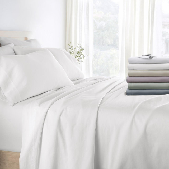 300 Thread Count 100% Cotton 4 Piece Solid Sheet Set Sateen Weave - Becky Cameron, White, King