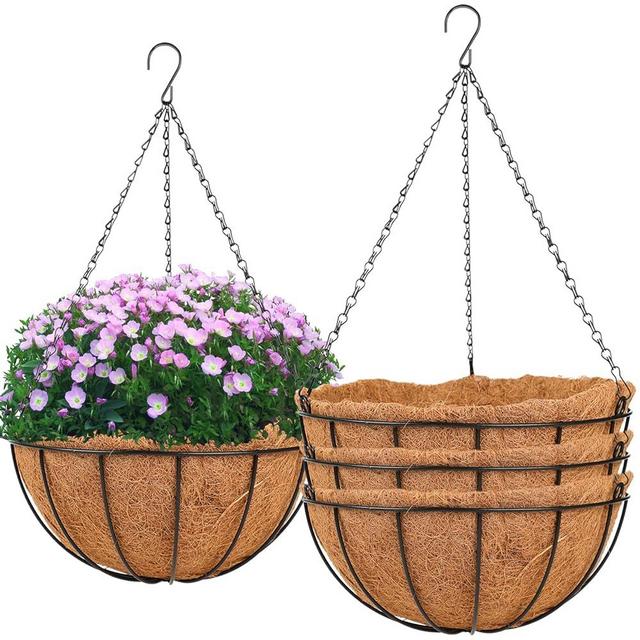Hanging Basket Planter Plants Outdoor - 4 Pack 14 Inch Metal Hanging Planter with Coco Liners, Chain Hook Hanging Flower Pots for Indoor Outdoor Garden Porch Decoration