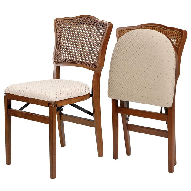 Stakmore French Cane Wooden Folding Chairs with Padded Seats, Set of 2 - No Assembly Foldable Dining Chairs, Steel Folding Mechanism, Upholstered Cushion, Space-Saving, Fruitwood Frame