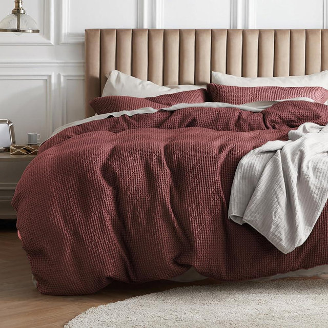 Bedsure Cotton Duvet Cover King - 100% Cotton Waffle Weave Madder Brown Duvet Cover King Size, Soft and Breathable King Duvet Cover Set for All Season (King, 104"x90")