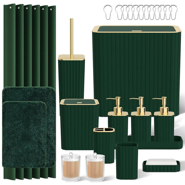 InnJoey Bathroom Accessory Set - Bathroom Set, 27PC Bathroom Accessories Set, Dark Green Bathroom Sets with Shower Curtain and Rugs, Mini Trash Can, Toilet Brush, Trash Can & Soap Dispenser