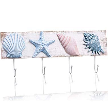 TideAndTales Beach Decor Seashell Wall Hooks Towel Rack for Bathroom, Bedroom or Kitchen | 4 Strong Hooks | Ocean Theme Beach House Decor