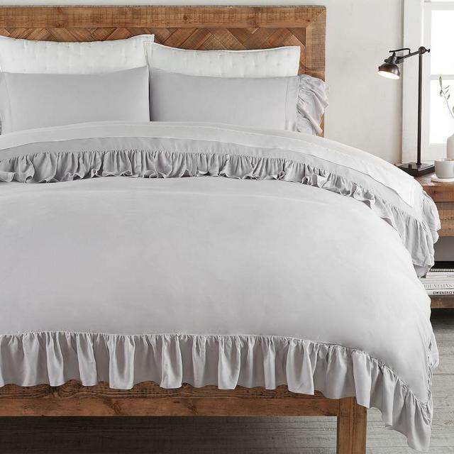 Gray TENCEL™ Ruffle Duvet Cover, Full/Queen