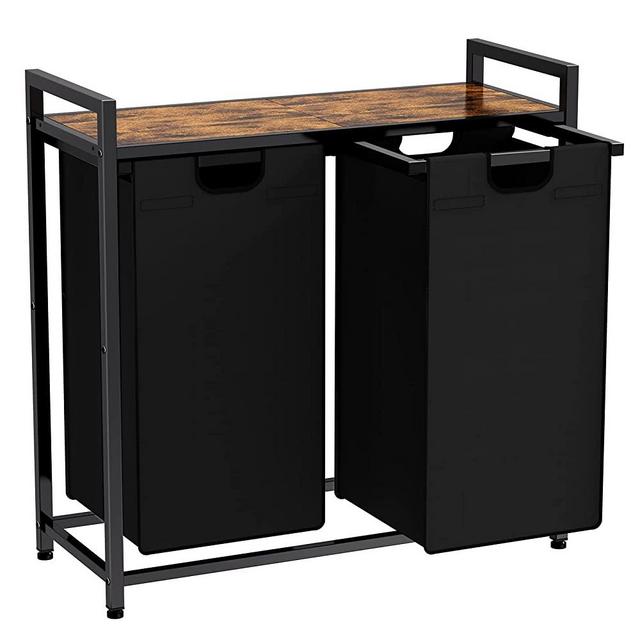 AMHANCIBLE Laundry Basket,Laundry Hamper Double,Laundry Sorter 2 section,2 Removable Oxford Fabric Bags 48L x 2（13 x 2Gal), Steel Frame and Top Shelf,28.7 x 11.8 x 28.5 Inch,Rustic Brown/Black