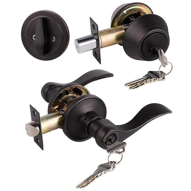 Gobrico Wave Front Entry Door Levers and Single Cylinder Deadbolt Combination Locksets 4 Sets Oil Rubbed Bronze Keyed Alike Entrance Door Locks Handleset with Deadbolt,Locking Handle with Same Key