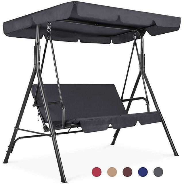 Best Choice Products 2-Person Outdoor Large Convertible Canopy Hanging Swing Glider Lounge Chair w/Ajustable Shade, Removable Cushions - Gray
