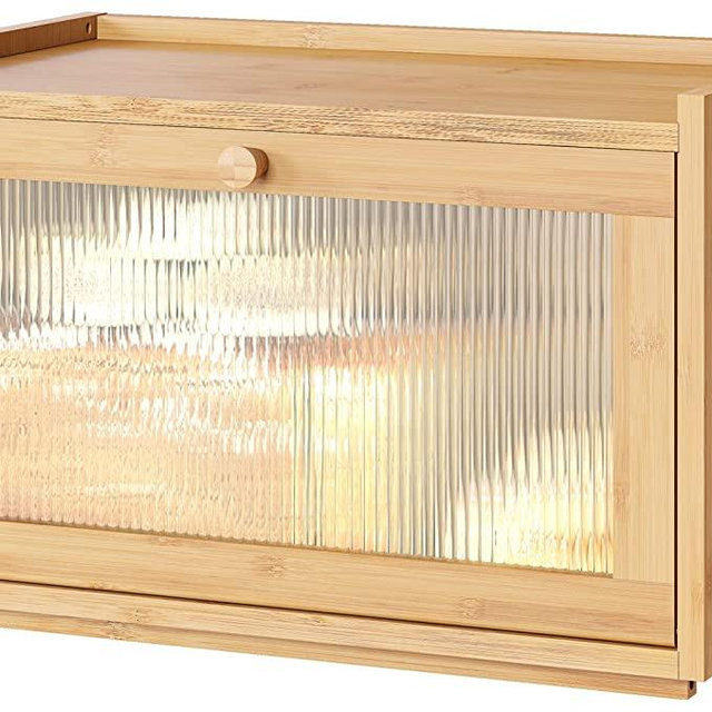 kiplant Large Bread Box for Kitchen Counter, Bamboo Bread Storage Container with Wavy Arcylic Transparent Door, Bamboo Wooden Farmhouse Bread Box for Your House