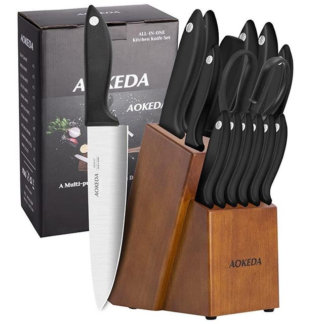 Kitchen Knife Set,Knife Sets for Kitchen with Block and Sharpener，15 Pcs High Carbon Stainless Steel Block Knife Set and 6 Steak Knives
