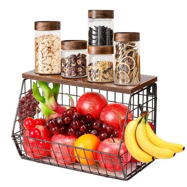 Livabber Fruit Basket for Kitchen, Metal Fruit Vegetable Storage Bin with 2 Banana Hangers, Countertop Wire Basket Organizer for Fruit Snack Potato Onion, Wall Mounted or Stand (Black, 1 Pack)