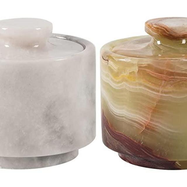 Marblous Krafts marble white and green onyx 3.5 oz salt cellar, Trinket Box and pinch pot 3" X 3" Kitchen décor for counter Mason Salt Pepper Bowls salt container (White and Green Onyx)
